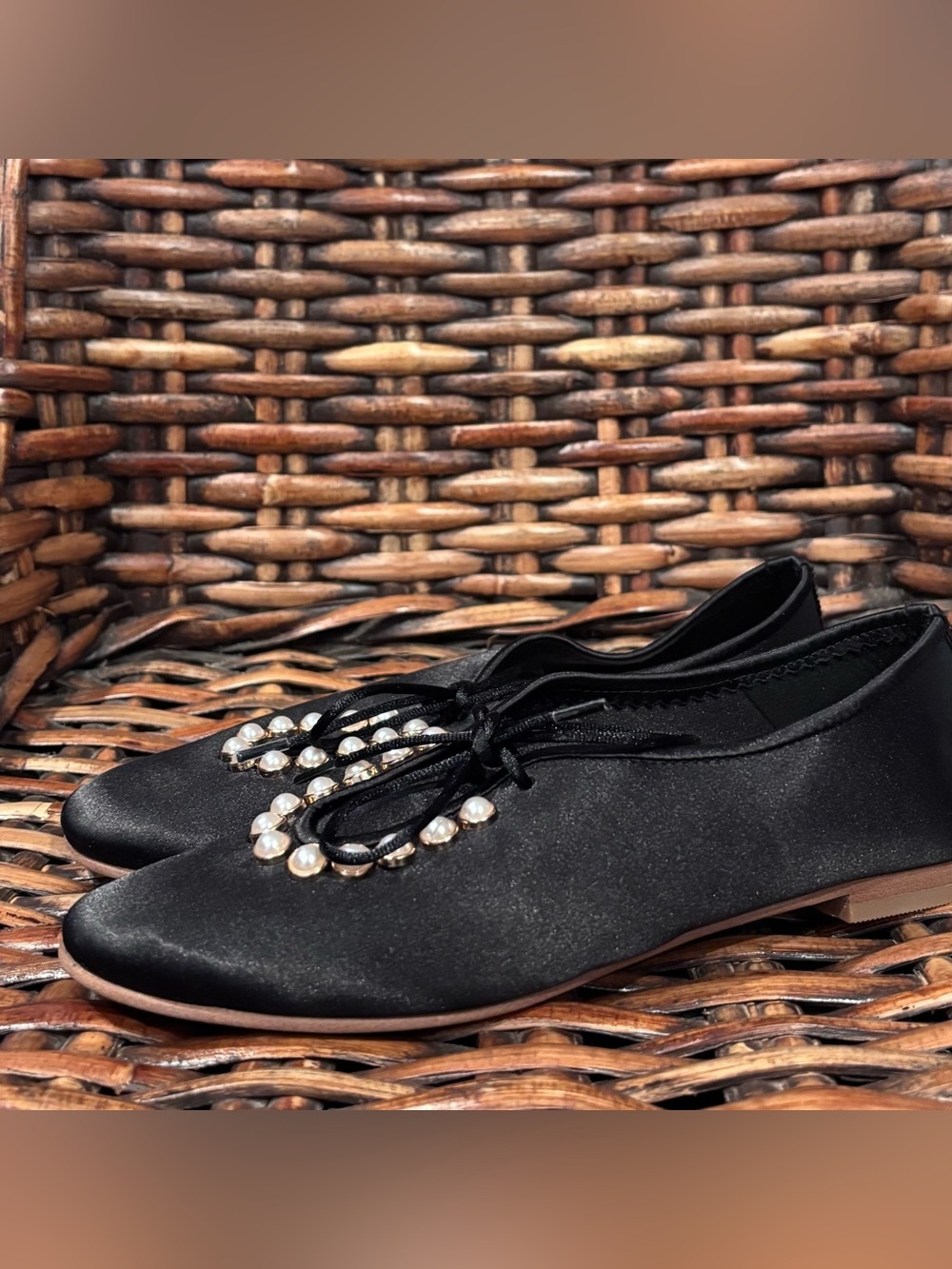 Anthropology-All Black Satin Pearl-Embellished Flats - 6.5/37 Great condition!